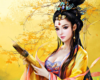 Qiu Xiang Se, asian, art, beauty, woman, GIRL, yellow, phoenixlu, luminos, princess HD wallpaper