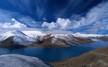 the mountain air, blue, white, peaceful, beautiful, reflection, snow, clouds, nature, sky, mountains, water HD wallpaper