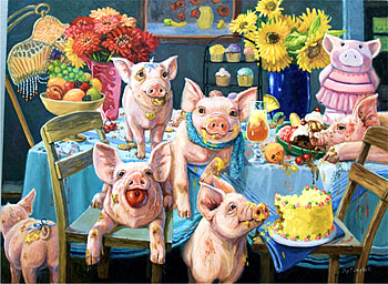 Piggie Party, artwork, chair, table, pigs, painting, flowers HD wallpaper