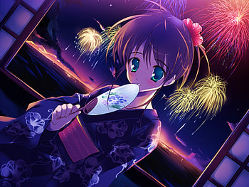 Fireworks, kimono, anime, cute, girl HD wallpaper
