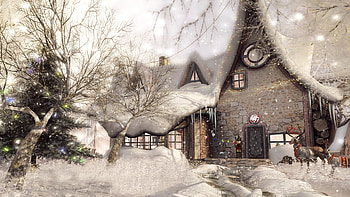 Snow, Christmas, Painting, Holiday, House, Light, Tree HD wallpaper