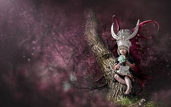 Little fairy, wings, asian, cute, girl, copil, tree, fairy, pink, creative, tale, fantasy, child HD wallpaper