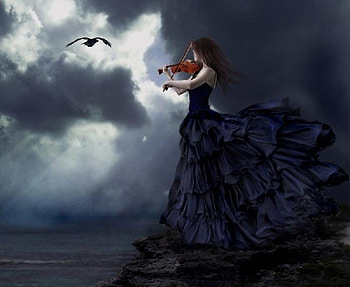 The Siren, bird, girl, beautiful, violin, dark, woman, black dress, fantasy, clouds, cliff, storm, ocean HD wallpaper