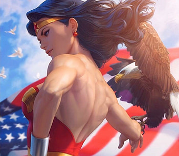 Goddess of Truth, eagle, bird, art, red, comics, marvel, wonder woman, blue, jvincent4u, girl, fantasy HD wallpaper
