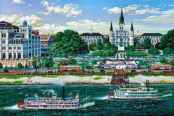 Jackson Square, New Orleans, artwork, river, buildings, ships, painting, usa HD wallpaper