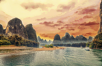 Mountain, River, China, Sepia, , Landscape, Guanxi Zhuang, Li River, Yangshuo HD wallpaper