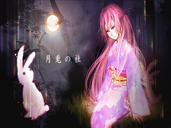 Megurine Luka - Akahitoha, awesome, nice, trees, blue eyes, woods, japanese culture, pink hair, bunny, anime, pretty, megurine, virtual, kimono, luka, black, song, night sky, cute, vocaloid, beauty, music, moon, vocaloids, megurine luka, rabbit, japanese, text, beautiful, diva, sad, pink, cool, sky, idol HD wallpaper