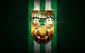 Karvina FC, golden logo, Czech First League, green metal background, football, czech football club, Karvina logo, soccer, MFK Karvina HD wallpaper