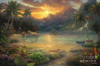 Escape to Tranquility, stones, artwork, horses, painting, clouds, trees, sky, water, sunset HD wallpaper