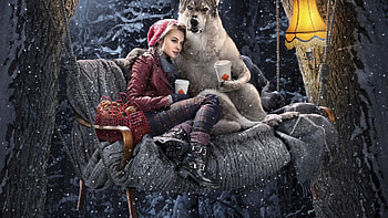 big red & the wolf, girl, wolf, sitting, snow HD wallpaper