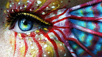 Paradise fish, blue, pixiecold, girl, woman, summer, ochi, make-up, yellow, red, eye, vara HD wallpaper