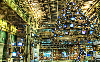 a tree of tv monitors in a lobby r, monitors, lobby, building, sculpture, r, modern, tree HD wallpaper