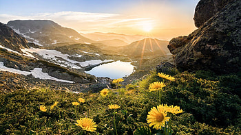 Blagoewgrad, Bulgaria, blossoms, landscape, sky, flowers, mountains, rocks, sunrise HD wallpaper