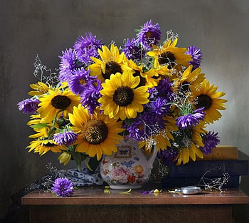 Still life, Sunflowers, Vase, Table, Purple, Yellow HD wallpaper
