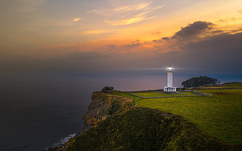 Lighthouse, clouds, sea, coast HD wallpaper
