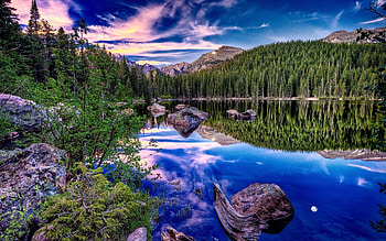 Nature, Stones, Sky, Mountains, Clouds, Lake, Reflection, Shore, Bank, Forest, Brightly, Mirror, Snag, Contrast HD wallpaper