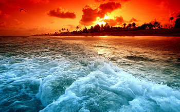Ocean sunset, Coastal serenity, Rolling waves, Golden reflections HD wallpaper