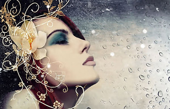 She, blue, white, fantasy, yellow, flower, red, drops, girl HD wallpaper