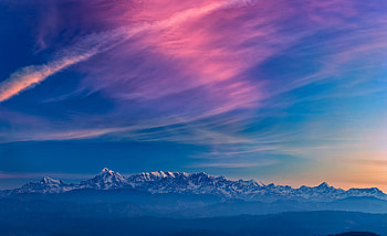 Horizon, blue sky, mountains, fog, sunset HD wallpaper
