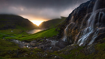 Faroe Islands, Sunset waterfall, Panoramic views HD wallpaper