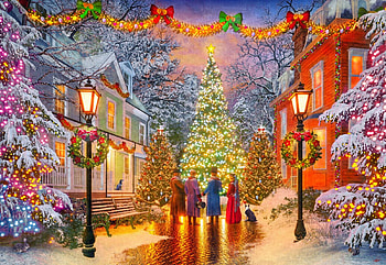 Christmas Gathering, snow, decorations, road, people, houses, village, christmas tree, lanterns, artwork, digital HD wallpaper