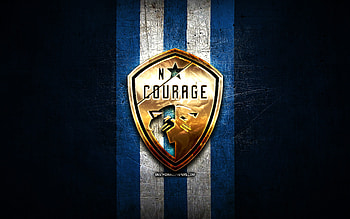 North Carolina Courage FC, golden logo, NWSL, blue metal background, american soccer club, National Womens Soccer League, North Carolina Courage logo, soccer, North Carolina Courage HD wallpaper