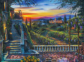 Tuscan Sunset, artwork, stairs, house, colors, clouds, vinyard, sky, castle, painting HD wallpaper
