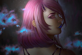 Horns, blue, profile, art, girl, aoleev, demon, pink, fantasy, luminos HD wallpaper