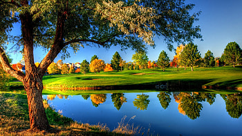 Colorful fall landscape, Reflection in water, Golf course venue, Golf club HD wallpaper