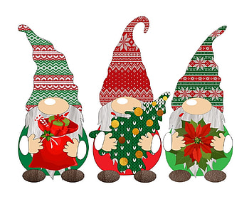 Christmas Gnomes, red, gree, three, nose, tree, hats, short, big, fantasy, creatures HD wallpaper
