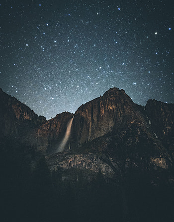 Waterfall, night, mountains, cliff HD phone wallpaper