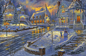 Christmas snow, winter, houses, dusk, quiet, snowflakes, holiday, painting, cottages, snow, frost, art, beautiful, snowman, pretty, snowfall, christmas, lights, street, sky, evening, village HD wallpaper