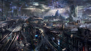 Futuristic smoke destruction buildings science fiction lightning | | 65454 | UP HD wallpaper