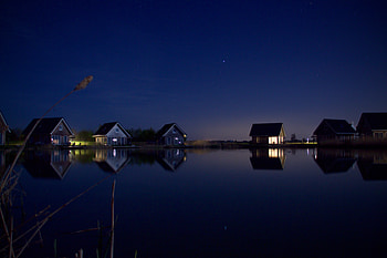 Houses At Lake Water Starry Night , nature, lake, night, house HD wallpaper