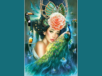 LADY WITH A PEACOCK, FLOWER, COLORFUL, BIRDS, FEMALE, PEACOCK, HEAD DRESS HD wallpaper