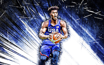 Jimmy Butler, grunge art, USA Basketball Mens National Team, Jimmy Butler III, basketball, blue abstract rays, US mens national basketball team, Jimmy Butler HD wallpaper
