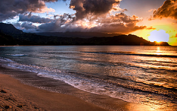 A New Dawn, sea, sand, coast, beautiful, rocks, beach, shining, waves, pretty, light, clouds, nature, sky, water, sunset, ocean HD wallpaper
