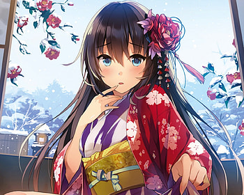 Kimono, winter, yukata, floral, oriental, long hair, beauty, nice, petals, flower, snow, female, blossom, japanese, sweet, japan, girl, beautiful, anime girl, anime, pretty, brown hair, lovely HD wallpaper