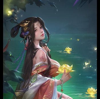 Fantasy girl, girl, water, lotus, blue, frumusete, art, yiqian zhang, gorgeous, summer, superb, fantasy, yellow, vara HD wallpaper