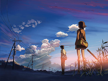 The way home, blue, blue sky, shining, trees, sun, cloud, sunshine, cloudy, bag, girl, grass, tree, boy, green, red, clouds, power pole HD wallpaper