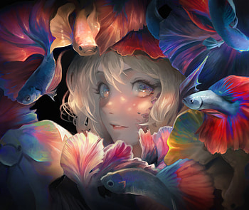 Zodiac ~ Pisces, blue, colorful, tue art, tuesrt, girl, orange, summer, pisces, zodiac, anime, fantasy, pesti, face, fish, manga, vara, red HD wallpaper