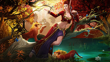 Fantasy girl, fantasy, green, red, game, girl, lion, elf HD wallpaper
