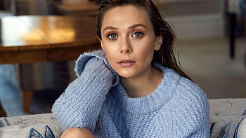 Girl Model Elizabeth Olsen Is Wearing Light Blue Woolen Knitted Dress Sitting In Blur Background Girls HD wallpaper