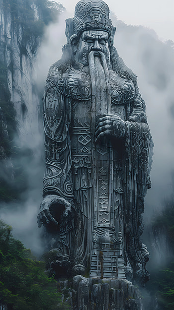 Giant asian wise man statue hidden in mist, mist, statue, asian, fantasy, nature HD phone wallpaper