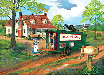 The Rolling Store, painting, car, trees, sky, cottage, people, countryside HD wallpaper