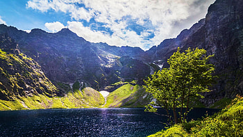 Czarny Staw in Tatra Mountains, Poland, forest, valley, clouds, landscape, trees, sky HD wallpaper