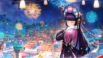 Yun Jin Colorful City Fireworks Background Genshin Impact HD wallpaper