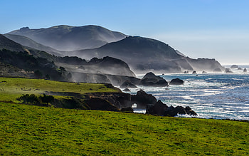 Pacific ocean, coast, rocks, morning, ocean, waves, fog, California, USA HD wallpaper
