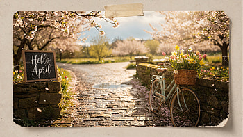 Hello April — Spring, Hello April, Bicycle, Cherry Blossom, Tulip, Spring HD wallpaper