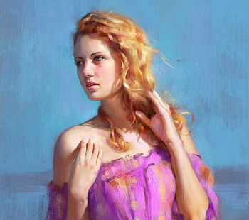Girl, blue, quan shengwu, pink, blonde, art, fantasy, portrait HD wallpaper